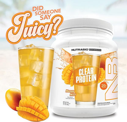 NutraBio Clear Protein Powder, Mango Mist - 20 Servings, 20g Clear Whey Protein Isolate, 0 Sugar, 0g Lactose, Refreshing Fruit Flavors, GLP1 Support - Bone Health - Muscle Post Workout Recovery