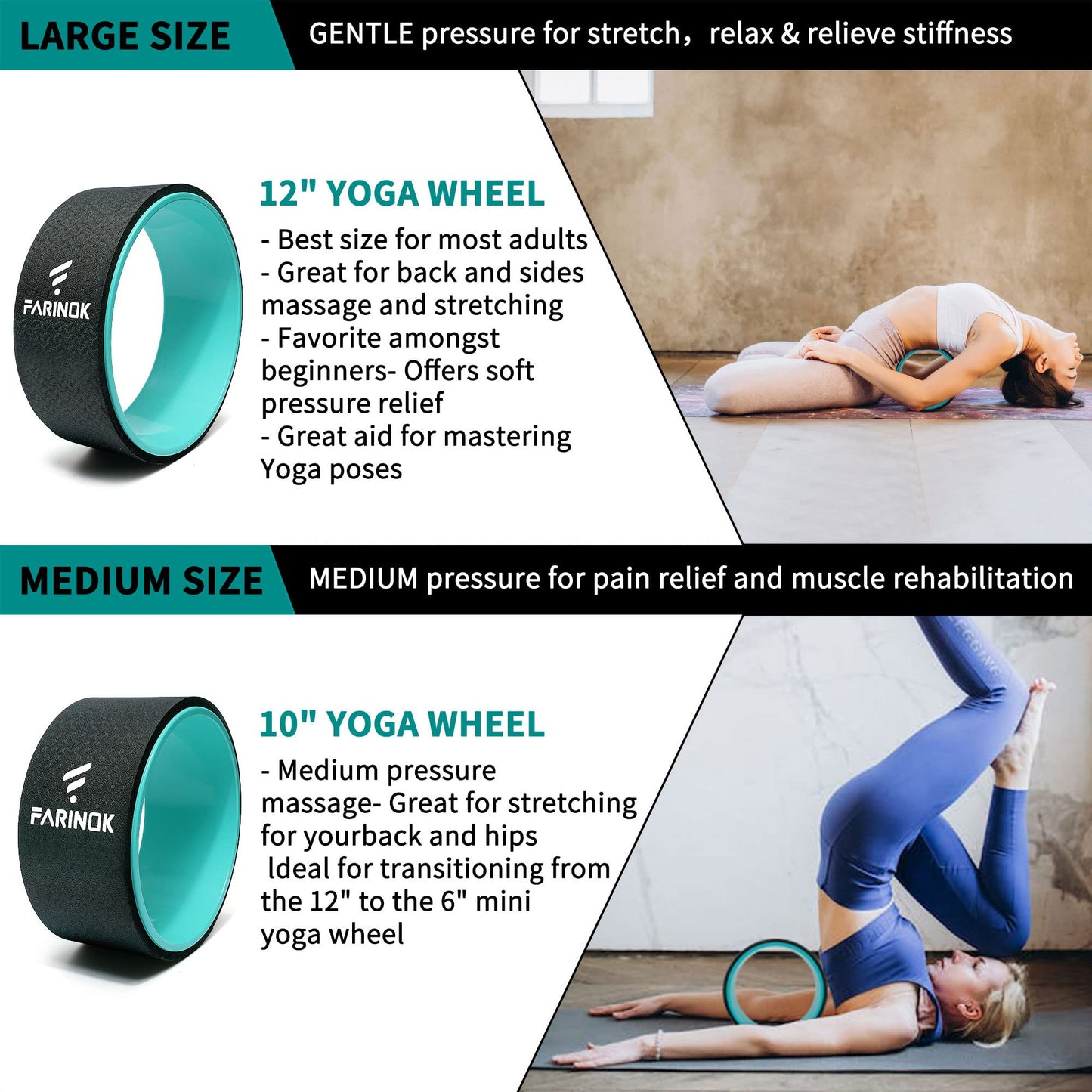 Yoga Wheel Set of 3+1, Upgraded 10MM Thick Back Wheels for Pain Relief