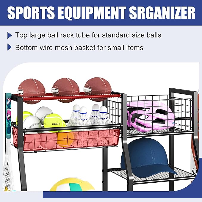 Sports Equipment Organizer Golf Bag Stand Golf Storage Organizer for Garage with Basket and Hooks, Storage Rack for 2 Golf Bag,Two Assembly Methods