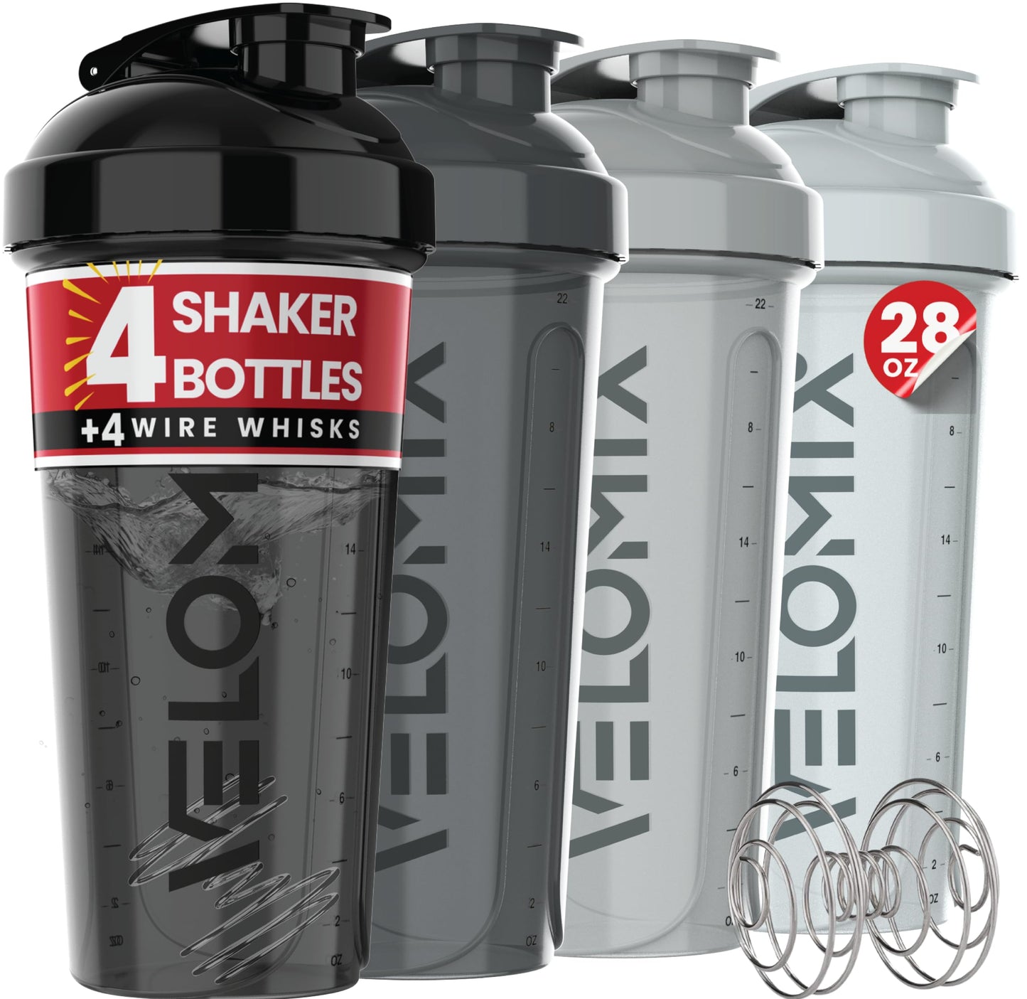 VELOMIX 4 Pack 28oz Protein Shaker Bottle for Protein Mixes, Silver Aurora