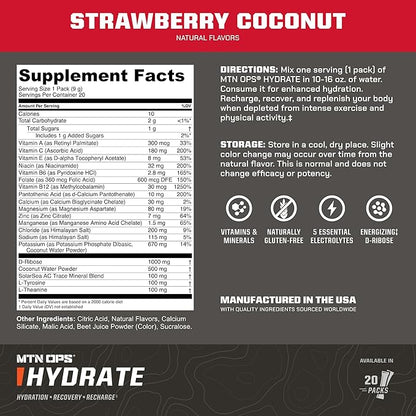 MTN OPS Hydrate Electrolytes Powder Drink Mix, 20 Single Serving On-The-Go Electrolyte Packs with Over 1000mg of Electrolytes per Serving, Strawberry Coconut