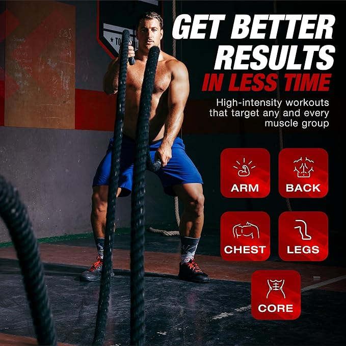 Battle Ropes 50 ft Heavy Duty Battle Rope with Protective Sleeve Black, Plastic, ABS Grip, Adult Strength Training, Cardio, CrossFit