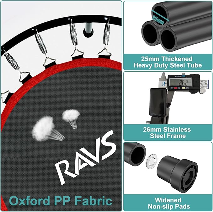 RAVS Mini Trampoline for Kids Adults 40"/48" Foldable Fitness Rebounder Kids Trampoline with 5 Levels Height Adjustable Handle Resistance Bands Indoor Workout