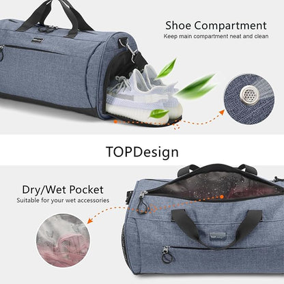 TOPDesign Gym Bag for Women & Men, Unisex Duffel Bag with Shoe Compartment & Wet Pocket for Travel Sports Gym (L Textured Blue)