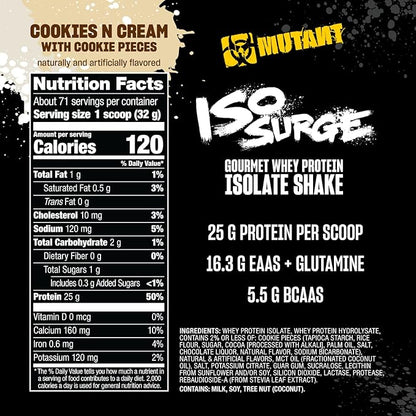 Mutant ISO Surge Whey Protein Isolate Powder Acts Fast to Help Recover, Build Muscle, Bulk and Strength, 1.6 lb (Cookies & Cream)