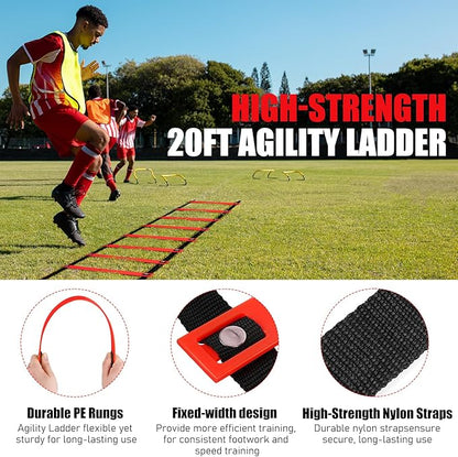 Soccer Training Equipment, Agility Speed Training Set with 20ft Speed Ladder, 12 Cones, 4 Adjustable Hurdles, Jump Rope, Parachute | Ideal for Basketball, Football Practise, for Kids, Youth, Adults