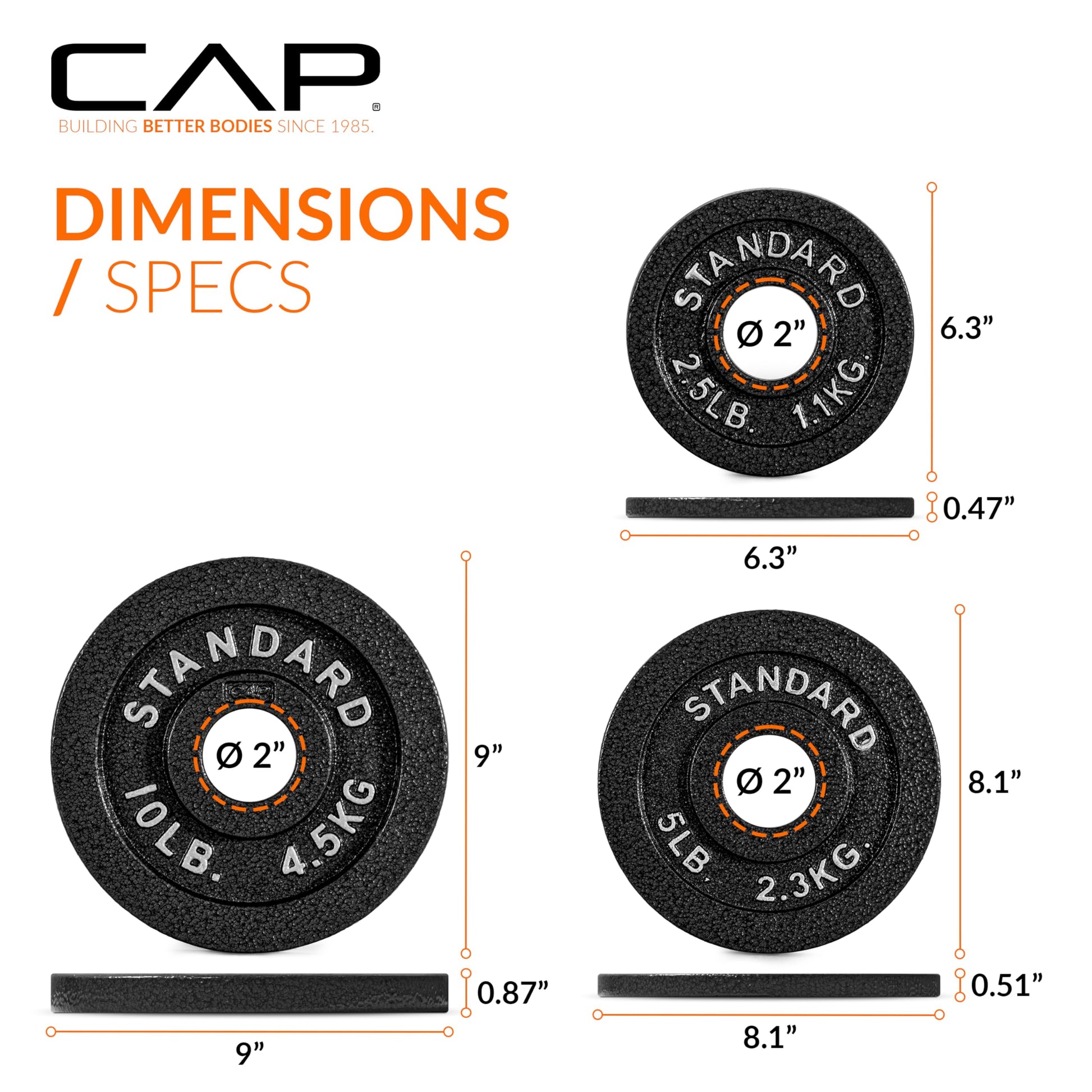 CAP Barbell Cast Iron Olympic Black Weight Plate, Set 2.5 lb x2, 5 lb x2 lb, 10 lb x2