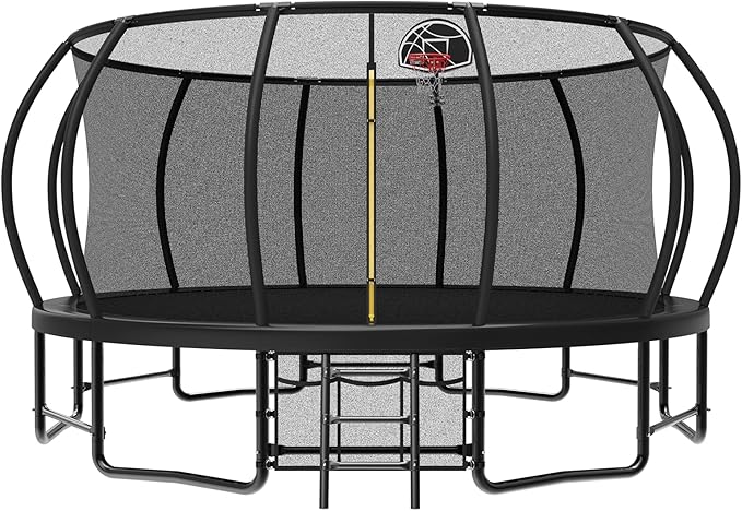 12 14 15 16FT Outdoor Trampolines for Kids and Adults, Pumpkin Trampolin with Curved Poles, Recreational Trampolin with Basketball Hoop and Safety Enclosure Net for Kids and Adults