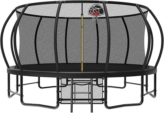 12 14 15 16FT Outdoor Trampolines for Kids and Adults, Pumpkin Trampolin with Curved Poles, Recreational Trampolin with Basketball Hoop and Safety Enclosure Net for Kids and Adults