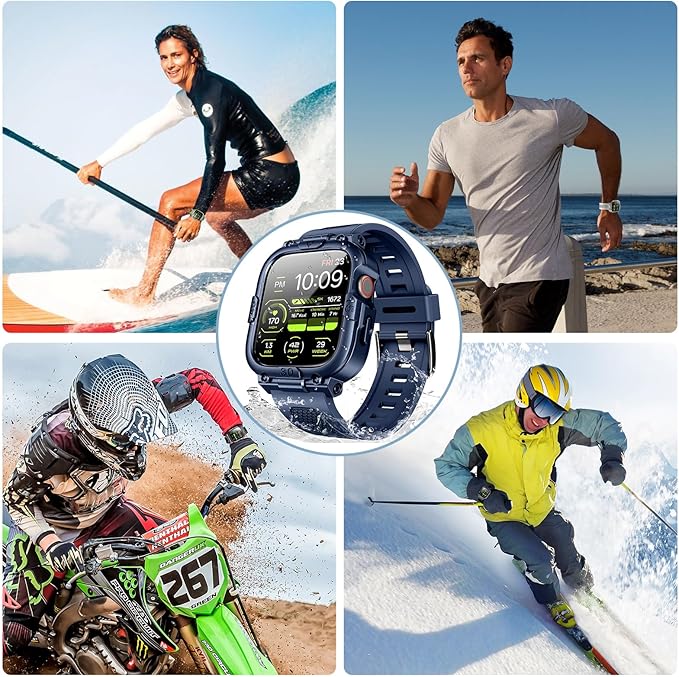 Dsytom Waterproof Case with Band Compatible for Apple Watch Band 46mm 45mm 44mm 42mm(S11/10) 41mm 40mm for Men,Rugged Smartwatch Strap with Built-in Tempered Glass Screen Protector for iWatch Series 11/10/9/8/7/6/5/4/SE