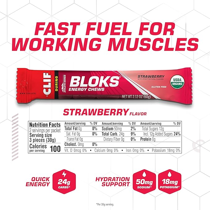 CLIF BLOKS - Strawberry Flavor - Energy Chews - Non-GMO - Plant Based - Fast Fuel for Cycling and Running - Quick Carbohydrates and Electrolytes - 2.12 oz. (18 Count)