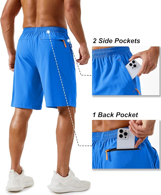 TACVASEN Men's Running Athletic Shorts 9" Quick Dry Workout Gym Shorts Lightweight Summer Shorts 3 Zipper Pockets