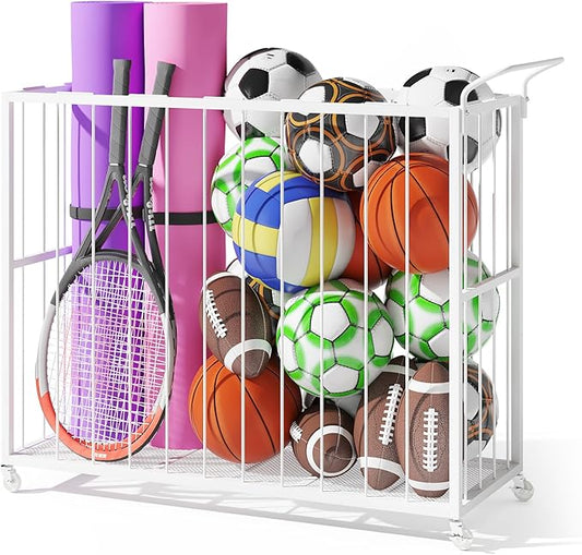 Ball Storage Bin Rolling Sports Ball Cart, Metal Garage Organizer Sport Rack, Ball Basket Storage