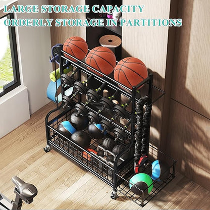 Dumbbell Rack, Weight Rack for Kettlebells, Storage Holder for Yoga and Workout Equipment, Home Gym Storage Rack with Wheels,Hooks and Mesh Top