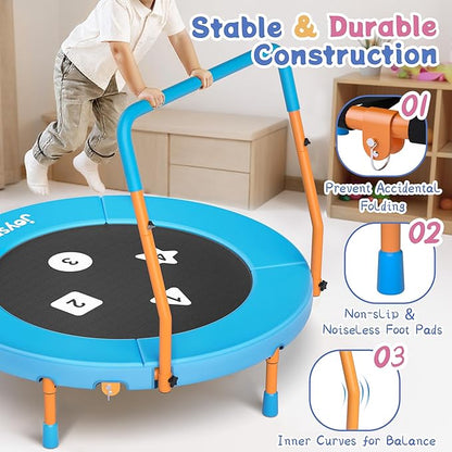 3FT Toddler Trampoline with Adjustable Handlebar, 36" Foldable & Spring-Free, Mini Kids Indoor Outdoor Trampoline for Ages 1-6, Noiseless Jumping Mat, Safe & Sturdy Design, Supports Up to 100 lbs
