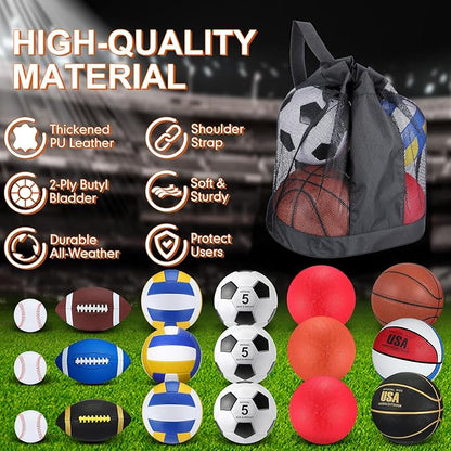 Leyndo 18 Pcs Sport Balls Bulk Set Basketball Football Volleyball Soccer Playground Baseball with Sport Equipment Bag Pump for Outdoor Indoor Practice Gift
