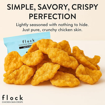 Flock Keto Chicken Skin Chips | Salt and Vinegar Flavor | Low Carb, High Protein, Sugar Free, Gluten Free Fried Chicken Skins for People | (1oz) 8-Pack Crispy Flock Chips