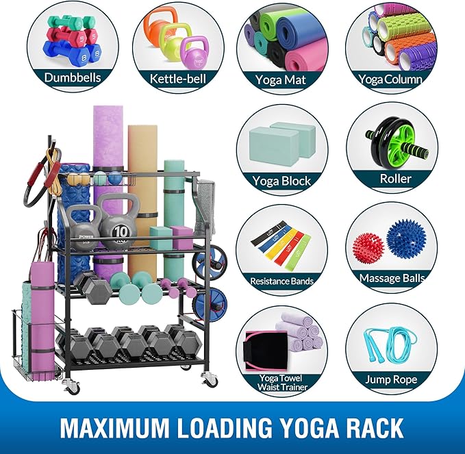 Dumbbells Rack,Weight Rack for Kettlebell, Weight Stand,Home Gym Storage Holder for Yoga Mat, Foam Roller,Yoga Strap,Resistance Bands,Garage Storage Organizer,Workout Storage with Wheels