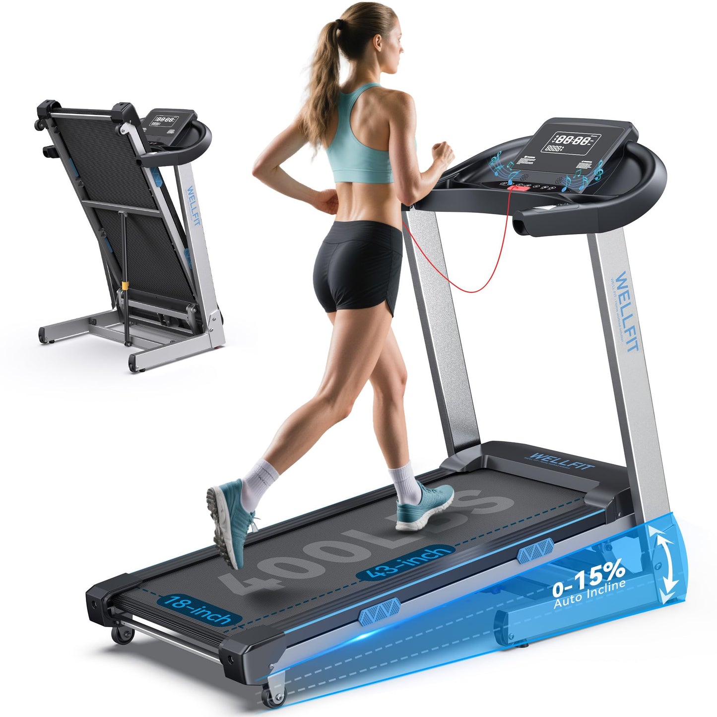 WELLFIT 15% Auto Incline Foldable Treadmill, Heavy Duty Treadmills for Home
