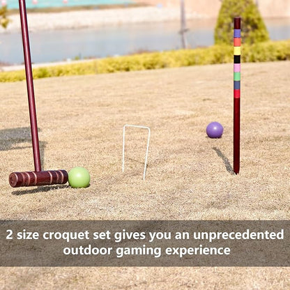 Croquet Set for Adults - 8 Players Croquette Kit with 35In Deluxe, 32In Regulation Size Rubber Wood Mallets, Colored PE Ball, Wickets, 24In End Stakes, Lawn Backyard Game for Families