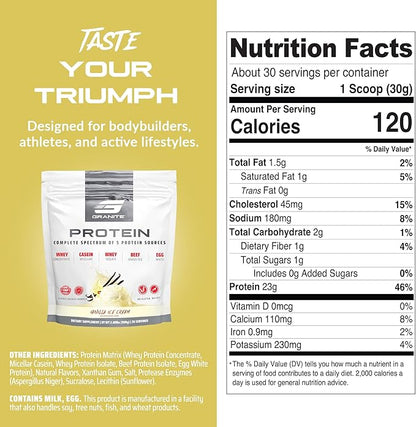 Granite Nutrition Protein Powder - Premium 5-Source Blend (Whey, Casein, Egg, Grass-Fed Beef) for Lean Muscle and Recovery - Vanilla Ice Cream, 30 Servings