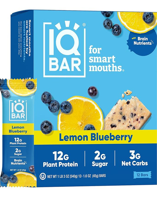 IQBAR Brain and Body Plant Protein Bars - Lemon Blueberry - 12-Count Low Carb - Gluten Free, High