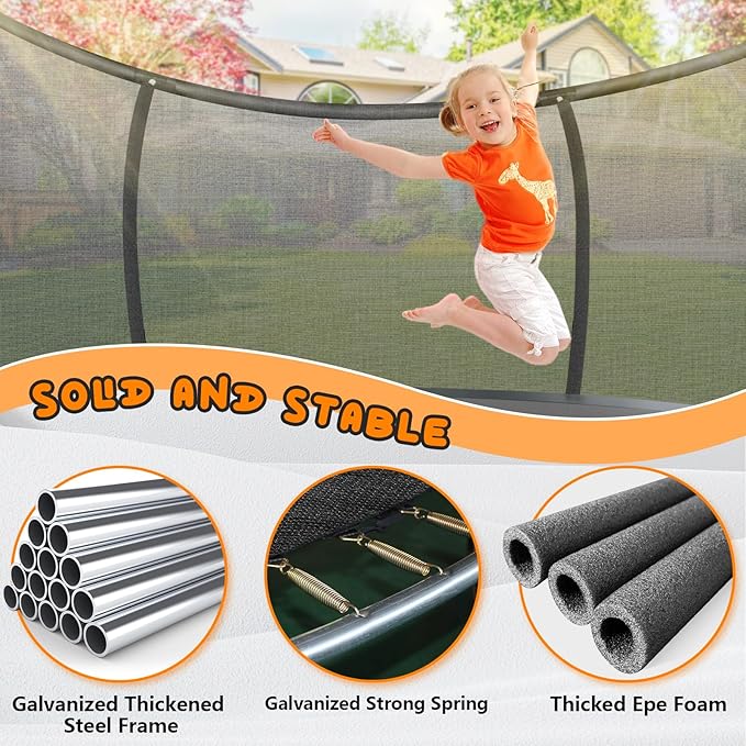 Trampoline 12FT 14FT 15FT 16FT for Kids/Adults - Outdoor Recreational with Enclosure Net Curved Poles and Ladder, Heavy Duty Anti-Rust Coating, ASTM Approval
