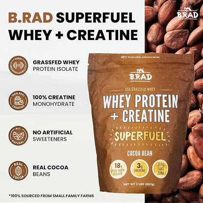 B.rad Superfuel - Grass Fed Whey Protein Isolate Boosted with Creatine | Farm-Fresh, Easy-to-Digest, Clean Ingredients | 2 Pounds | 100% USA Sourced | Cocoa Bean (Chocolate)