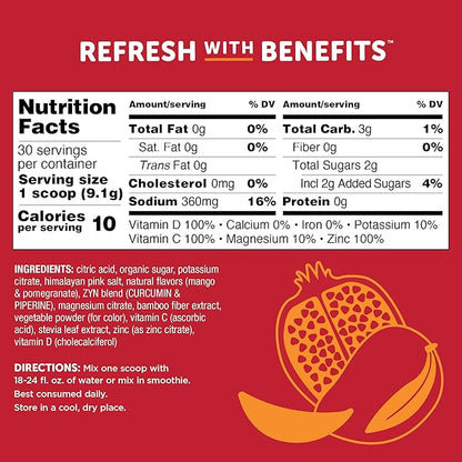 ZYN Electrolyte Hydration Drink Mix (30 Servings), Mango Pomegranate Electrolytes Powder, Hydrating Formula w/Turmeric Curcumin, Vitamin C & D, Zinc, Electrolyte Support Drink Mix
