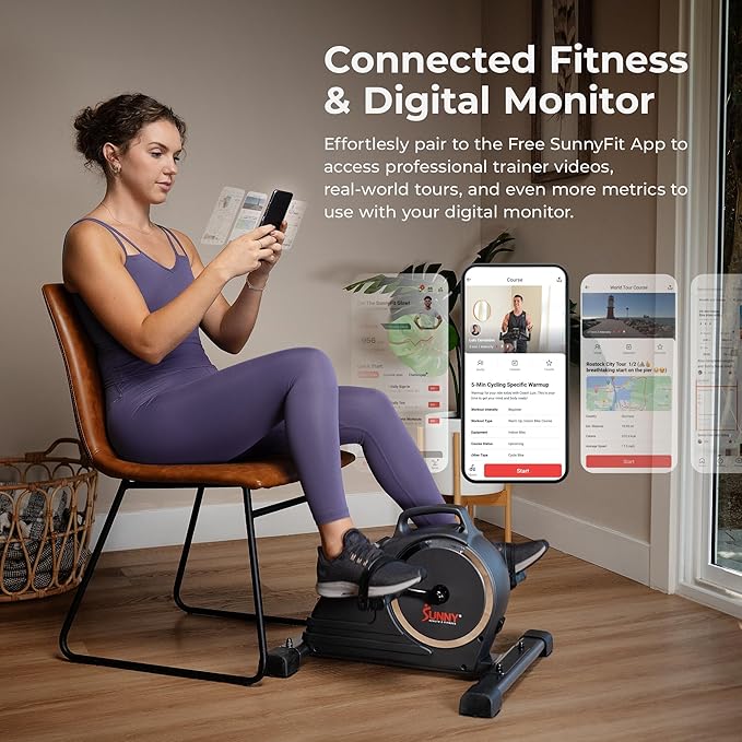 Sunny Health & Fitness Dual Function Under-Desk Bike Trainer, Mini Exercise Machine for Senior Training, Arm/Leg Cardio Cycle Workout, Optional Magnetic, Motorized w/Free SunnyFit App Connection