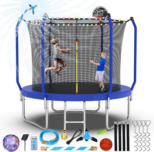 Upgraded Trampoline 8FT/10FT/12FT/14FT With Basketball Hoop, Light, Sprinkler, Stakes - Outdoor