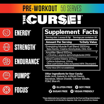 JNX SPORTS The Curse! Pre Workout Powder for Men & Women, Caffeine, Beta-Alanine, Creatine, L-Citrulline, 50 Servings, Sour Candy Flavor ??Boost Energy, Strength & Focus