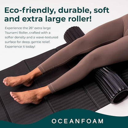 Oceanfoam Tsunami Roller (Black) - Soft, Textured Foam Roller for Physical Therapy, Back Pain, Excercise & Stretching - Wave Textured - Yoga, Athletics, & Wellness - Extra-Large, 26" x 5.9"