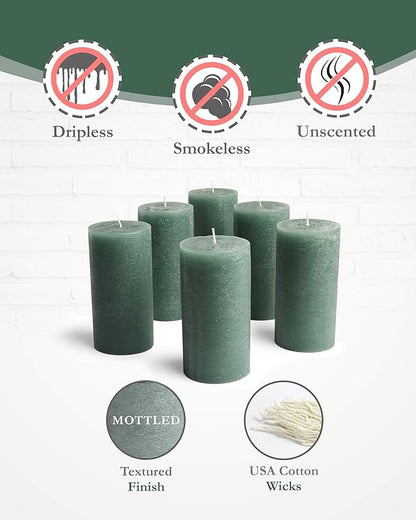 Mottled Pillar Candles by Bask - Set of 6-3" x 6" Dripless Unscented Candles in Dark Green for Home Decor, Relaxation & All Occasions