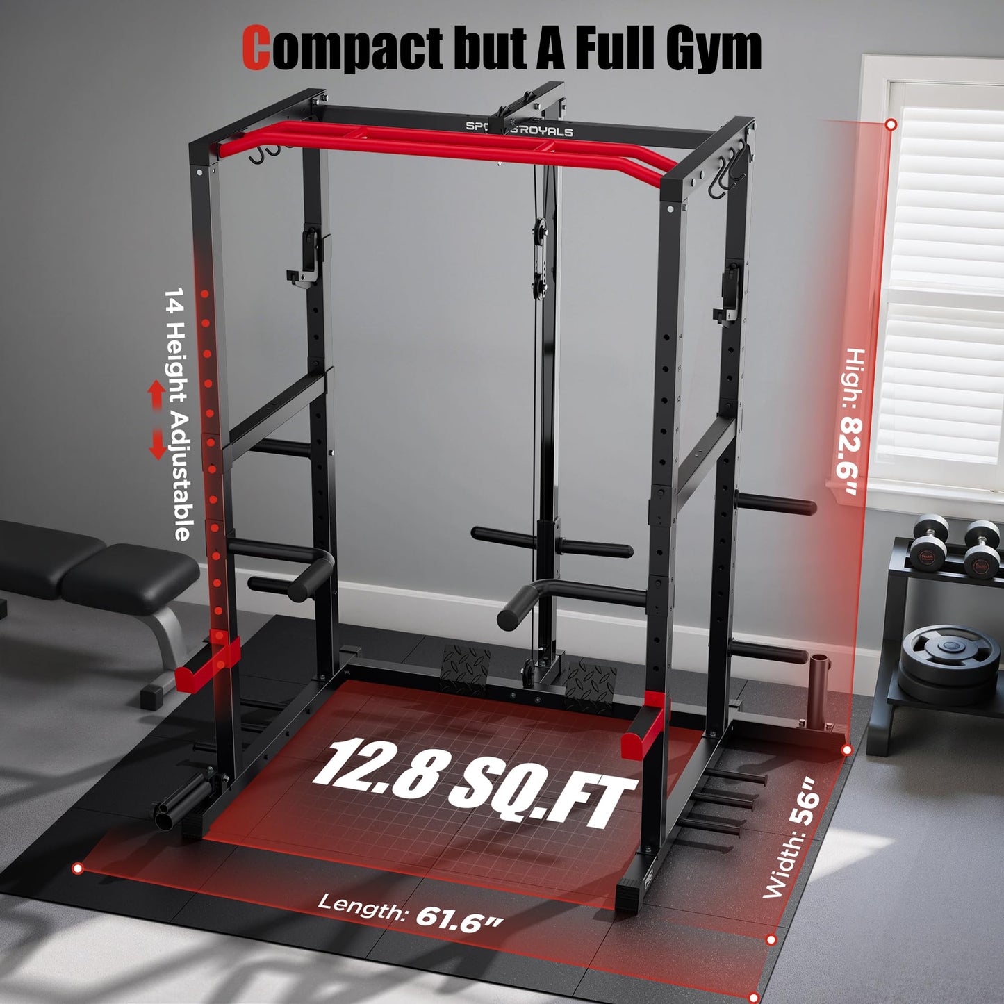 SPORTSROYALS Squat Rack, 1200 lb Power Cage with LAT Pulldown for Home Gym