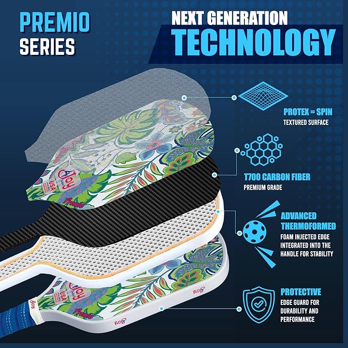4Joy Pickleball Paddle Premio Series - Thermoformed Premium T700 Carbon Fiber Pickleball Paddless - Professional Pickleball Rackets for Women & Men - 16mm Honeycomb Core - USAP Approved