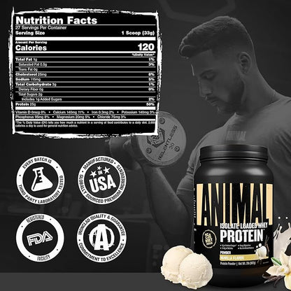Animal Whey Isolate Protein Powder - Loaded for Pre & Post Workout Muscle Builder and Recovery with Digestive Enzymes for Men & Women - 25g Protein, Great Taste, Low Sugar - Vanilla 2 lbs