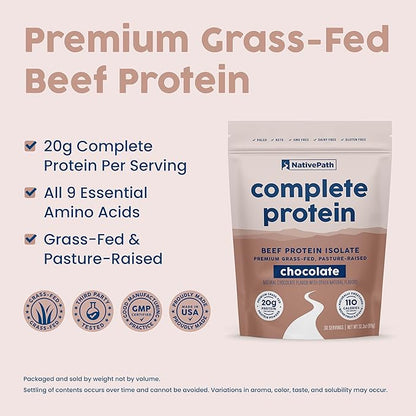 NativePath Complete Beef Protein Powder Isolate ??Grass-Fed, Pasture-Raised, Dairy & Lactose Free, Gluten Free, Zero Sugar, MCTs & Amino Acids ??20g Protein, Chocolate Flavor, 30 Servings
