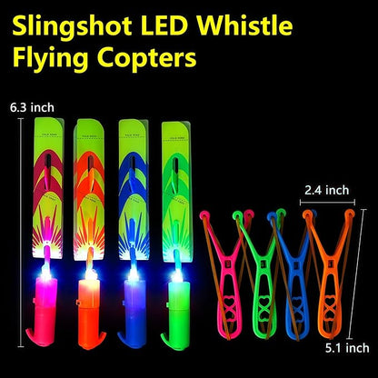 25 Packs LED Flying Toys Set with Whistle,25 Rocket Slingshot+25 Glow Arrow Helicopter for Summer Outdoor Camping Toys Game LED Slingshot Toy for Kids Glow in The Dark Party Supplies 8-12,4-8