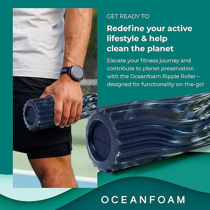 Oceanfoam Ripple Travel Foam Roller (11" x 3.35") Firm Mini Foam Roller for Physical Therapy, Deep Tissue Massage, Back Pain - High Density, Wave Textured - Yoga (Dark Navy, Hunter & Seafoam Marbled)