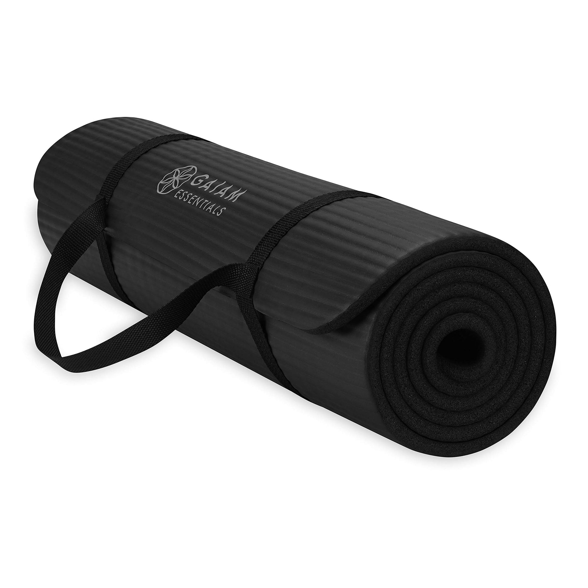Gaiam Essentials Thick Yoga Mat with Easy-Cinch Strap (Black, 10mm)