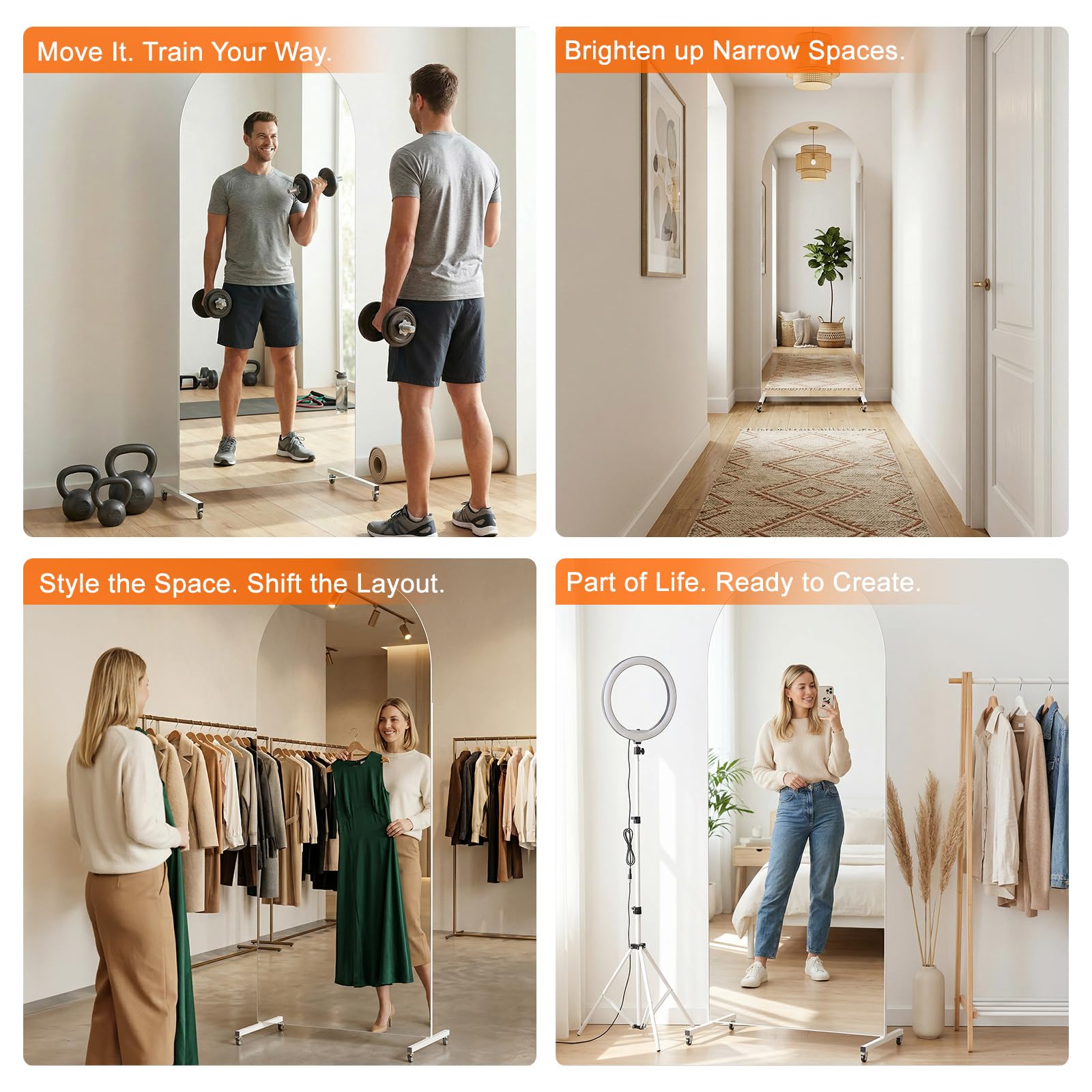 brisafe 70” x 22” Arched Full Length Floor Mirror, Lockable Wheels for Easy Moving & No Wobble