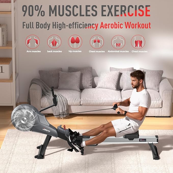 JOROTO Rowing Machine for Home Foldable, Air Magnetic Rowing Machines with 10-Level Adjustable Resistance, Quiet Ergonomic Seat，Bluetooth App, Max 350LBS, Space-Saving Home Gym, Gray