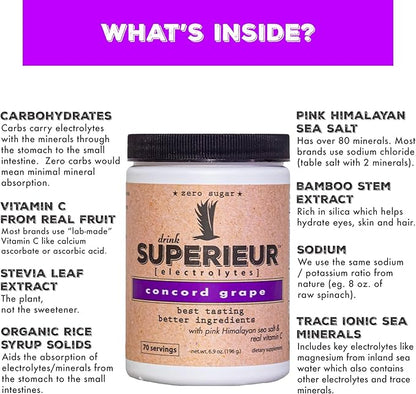 Superieur Electrolytes ??Plant Based Electrolyte Supplement w/Sea Minerals for Hydration & Recovery?“Keto Friendly, Non-GMO, Zero Sugar, Vegan Healthy Sports Drink Powder ??Concord Grape (70 Servings)