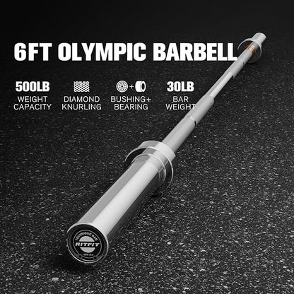 RITFIT Olympic Barbell 4ft/4.8ft/6ft - 2 Inch Weight Bar for Strength Training, Weightlifting, Squat, Deadlift, Bench Press, Curl, Overhead Press - 350lbs/500lbs Capacity