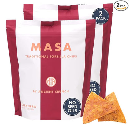 MASA Chips - Cobanero Tortilla Chips - Handmade Corn Tortillas - Spicy Chips & Snacks - Naturally Grown Yellow Corn, Grass Fed Tallow, Sea Salt, Chili - Seed Oil-Free Hot Chips - 2 Pack 5 Ounce Each