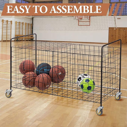 MyGift X-Large Capacity Black Metal Sports Ball and Gym Equipment Storage Rolling Cart with 2 Compartments, Lock Latch and Heavy-Duty Locking Caster Wheels, Garage Ball and Gear Organizer Holder