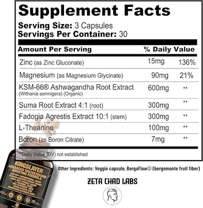 Kingslayer: 7-in-1 Testosterone Booster for Men w/KSM-66, Fadogia, Suma Root, L-Theanine, Zinc, Boron, Magnesium ??Muscle, Energy, Libido & Focus