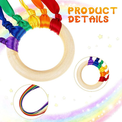 12 Pcs Rainbow Ribbon Wooden Waldorf Toys Creative Waldorf Hand Kite Set Streamers with Wood Ring Sensory Learning Educational Toy for Playroom Dancing Birthday (Vibrant Color)