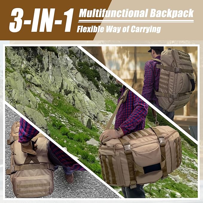 65L Large Travel Gym Duffle Bag Military Tactical Backpack, Army Pack 3 Day Bug Out Bag Rucksack for Outdoor Sport Hiking Camping with Molle System, Coyote